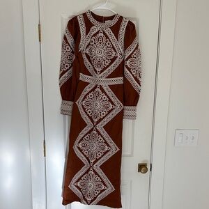 Sezane Long Sleeve Dress with Intricate Embroidery in Brown and Cream